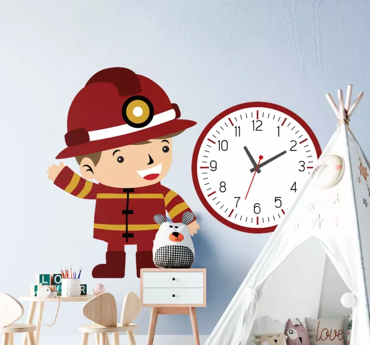 Firefighter clock children bedroom wall sticker - TenStickers
