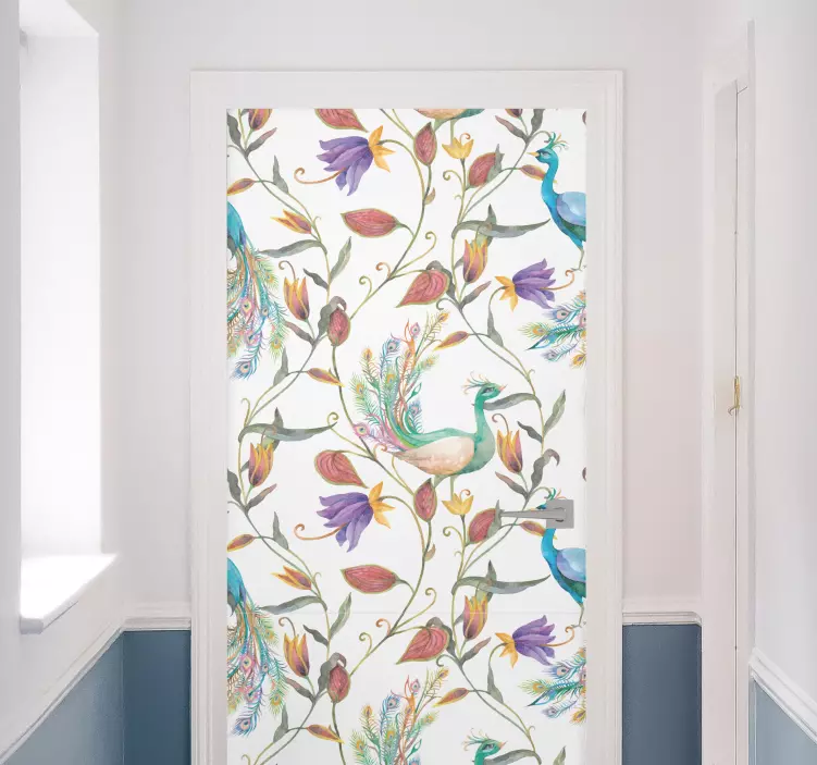 Floral peacock motif door sticker - TenStickers