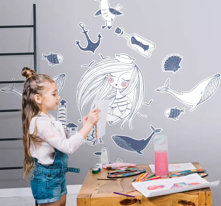 Mermaid and sea creatures illustration sticker - TenStickers