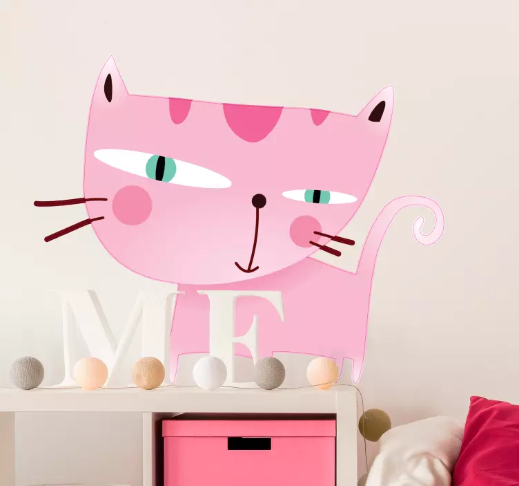 Pink Cat Illustration Wall Sticker - TenStickers