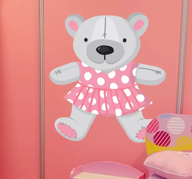 Pink Polka Dots Dress Teddy Wall Decal - TenStickers