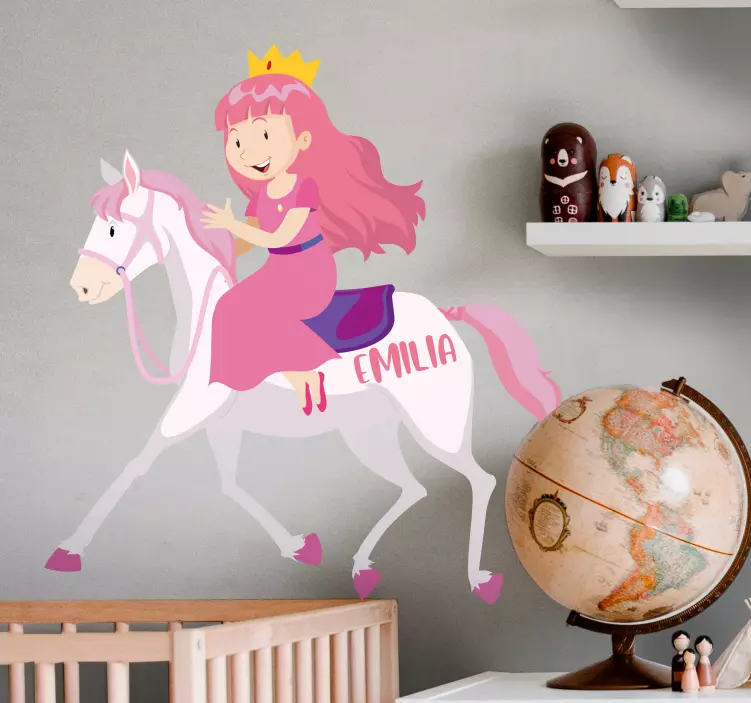 Princess riding unicorn with name wall stickers for kid - TenStickers