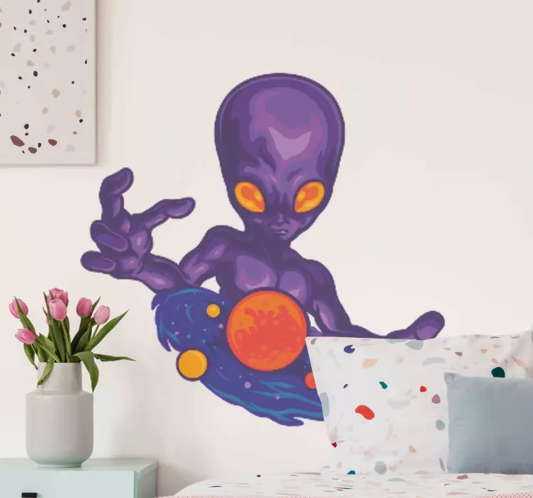 Purple Alien Holding Planets space wall sticker - TenStickers