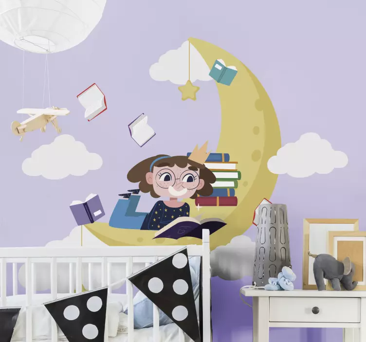 Reading girl moon wall stickers for kid - TenStickers