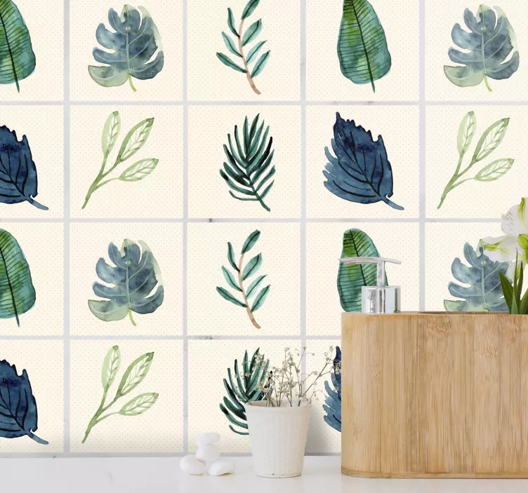 Tropical grey leaves tile sticker - TenStickers