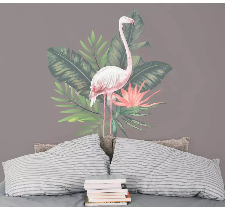 watercolor flamingo and monstera leaves  bird wall sticker - TenStickers