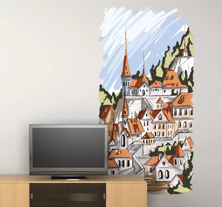 Watercolour Alpine Village Sticker - TenStickers