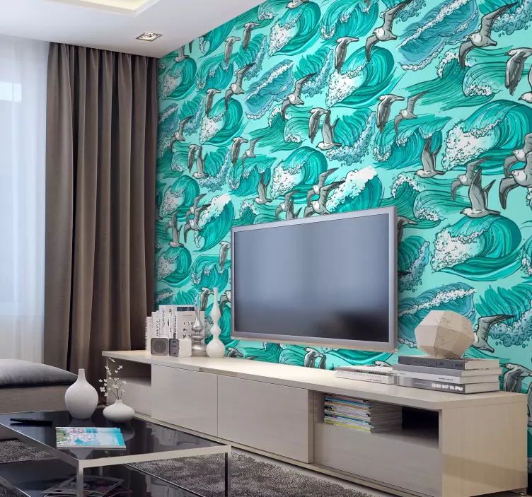 Waves and birds Wall Mural sticker - TenStickers