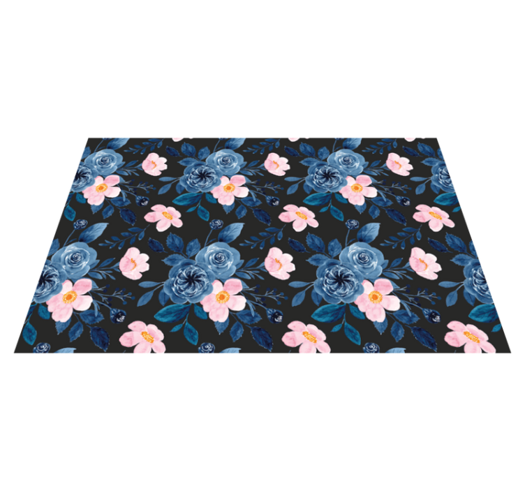 Flower vinyl rug with blue and pink design on black - TenStickers