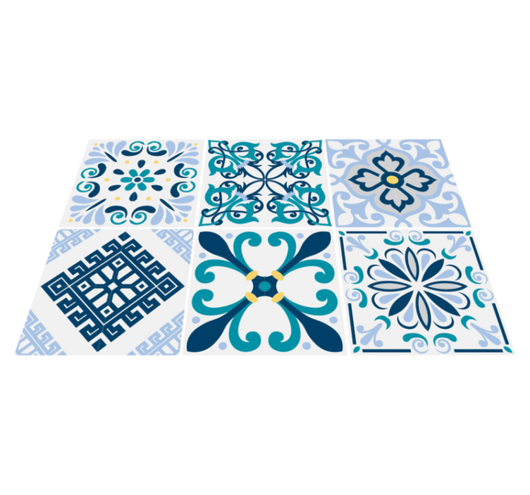 Kitchen vinyl rug in blue floral tile design - TenStickers