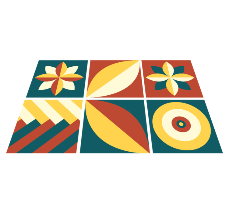 Geometric vinyl rug in green and orange tiles - TenStickers