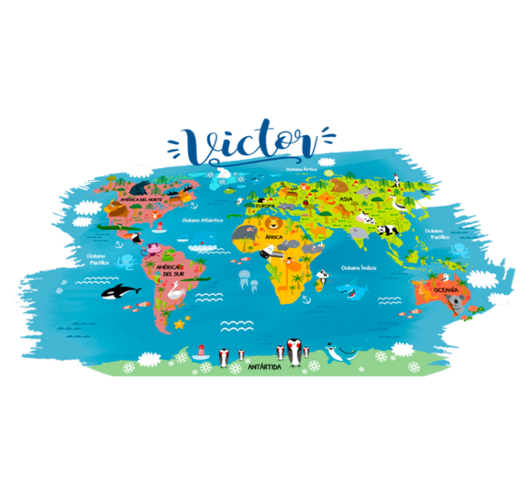World map vinyl rug with animals and spanish names - TenStickers