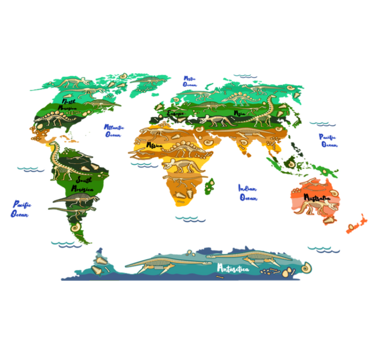 World map vinyl rug with dinosaur names in english - TenStickers