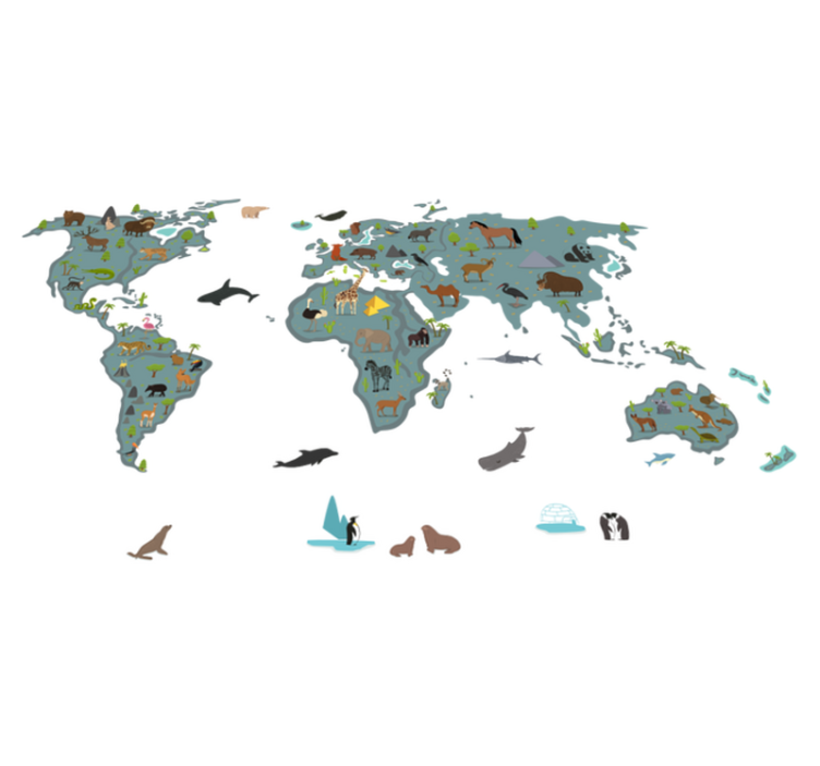 World map vinyl rug in playful colors with animals - TenStickers
