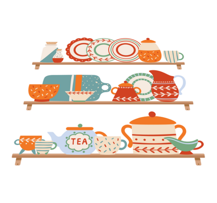 Kitchen vinyl rug kitchen tableware on shelf - TenStickers