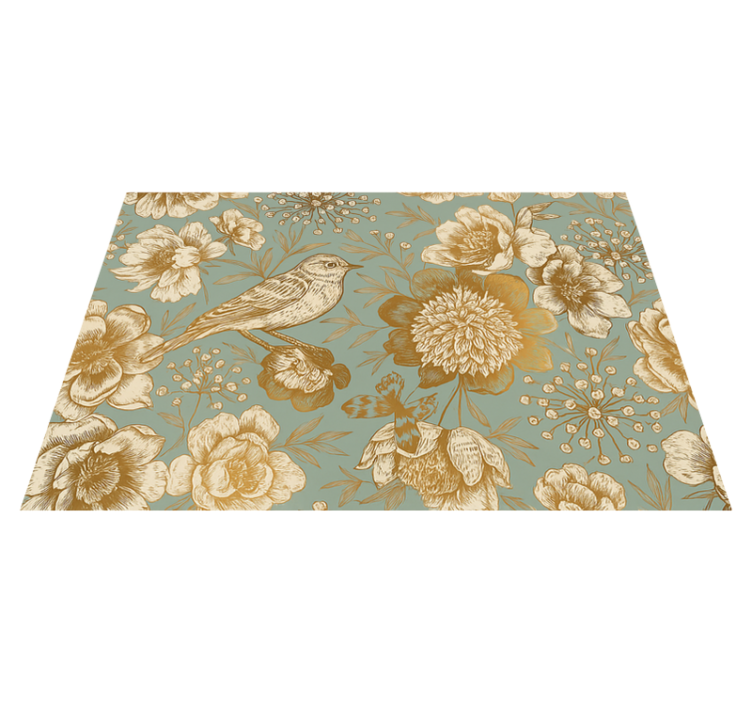 Bedroom vinyl rug with grey background and gold flowers - TenStickers