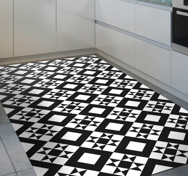 Black and white geometric tile kitchen vinyl rug - TenStickers