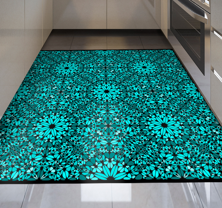 Detailed teal mosaic florals tile kitchen vinyl rug - TenStickers