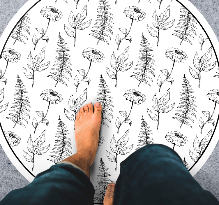 Floral Black Outline circular vinyl rug - TenStickers
