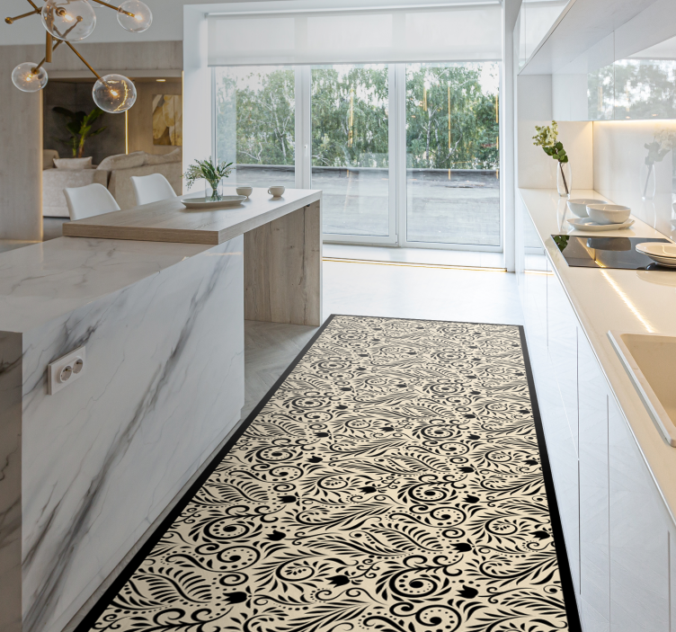 Floral black pattern kitchen floor tiles - TenStickers