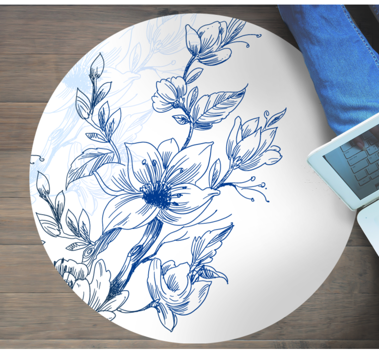 Blue botanical sketch flower vinyl rug - TenStickers