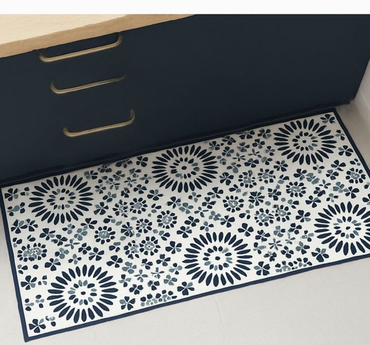 Geometric floral pattern blue vinyl rug - TenStickers