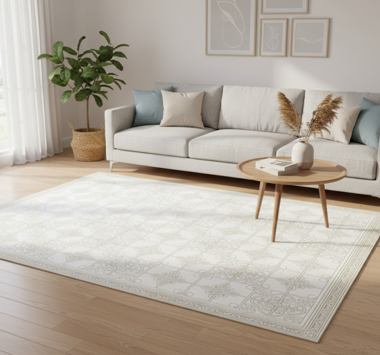 Living room vinyl rug beige ornate mat - TenStickers