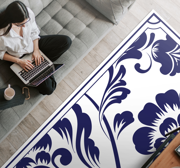 Navy floral pattern flower vinyl rug - TenStickers