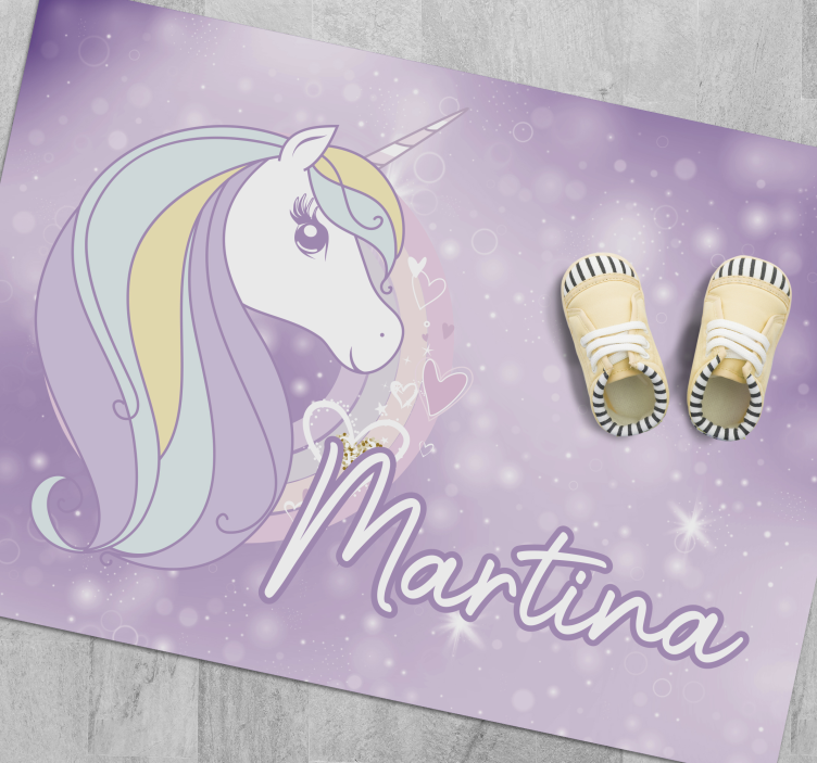 Purple unicorn universe with name kids play mat - TenStickers