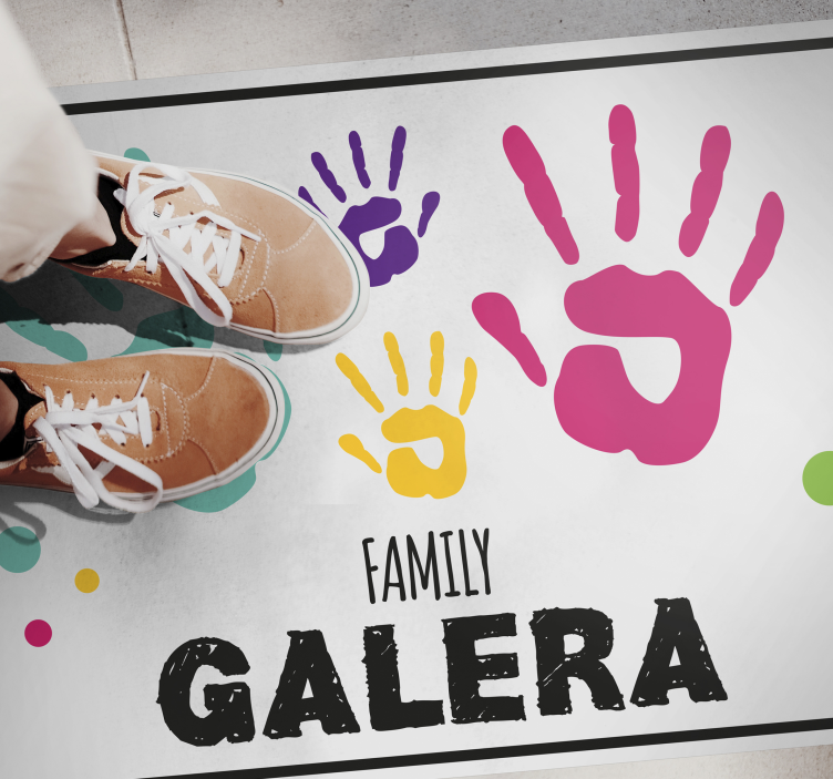 Handprints with family name entrance hall vinyl rug - TenStickers