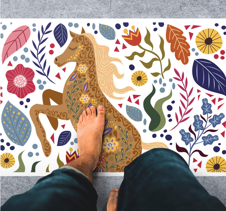Wild horse folklore illustration floral rug - TenStickers