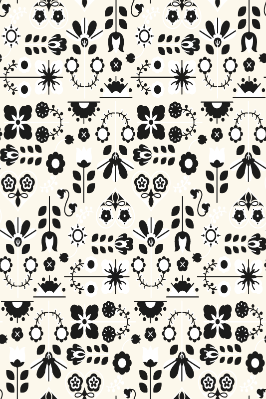 Animal vinyl rug in black and white folk pattern - TenStickers
