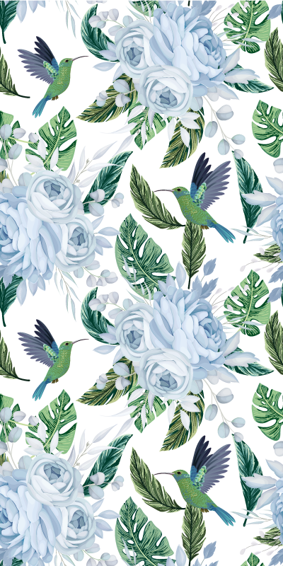 Flower vinyl rug blue garden flowers with birds - TenStickers