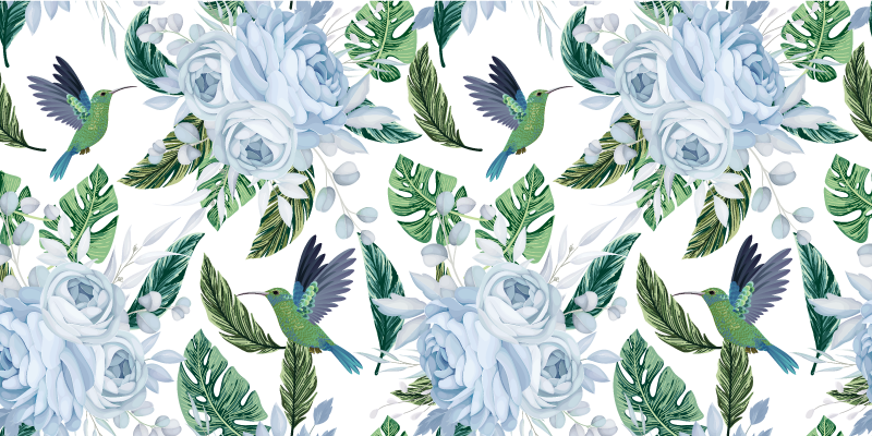 Flower vinyl rug blue garden flowers with birds - TenStickers