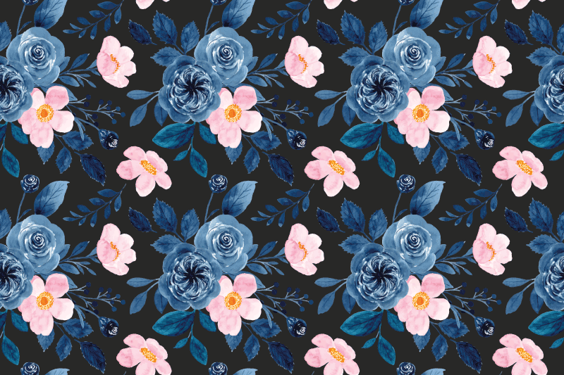Flower vinyl rug with blue and pink design on black - TenStickers