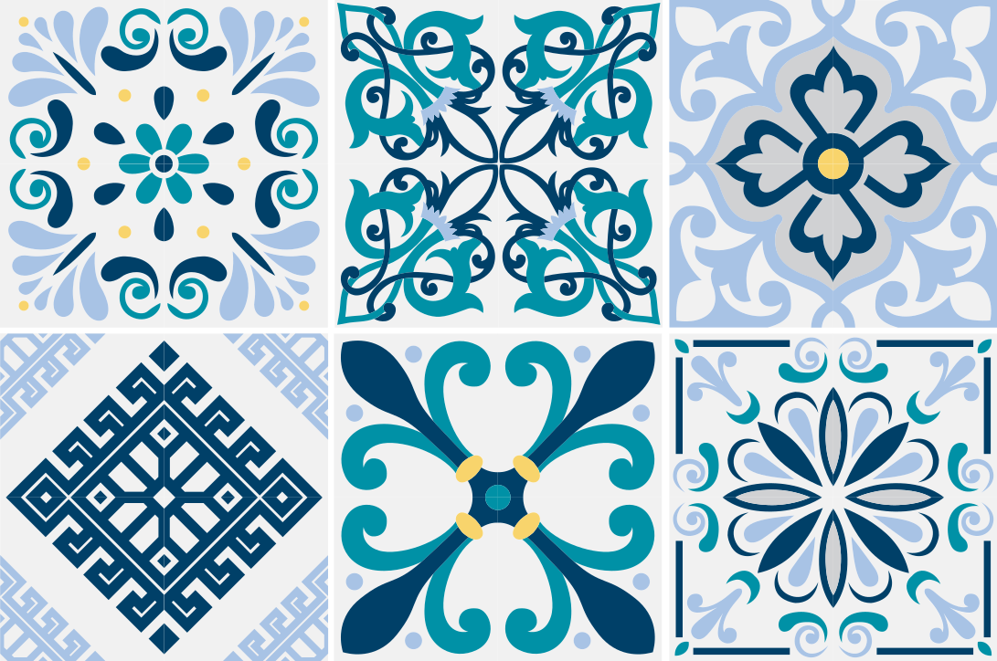 Kitchen vinyl rug in blue floral tile design - TenStickers