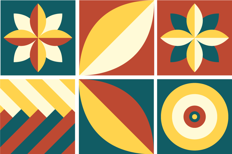 Geometric vinyl rug in green and orange tiles - TenStickers