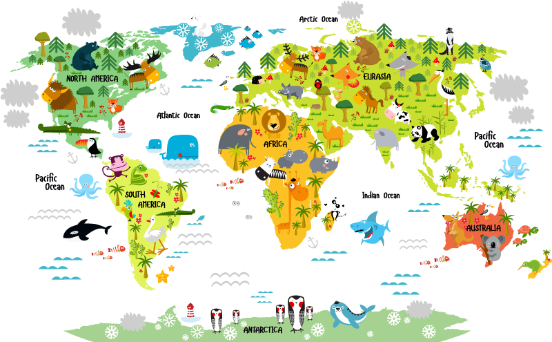 World map vinyl rug animal world map for kids - TenStickers