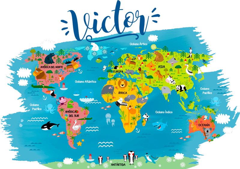 World map vinyl rug with animals and spanish names - TenStickers