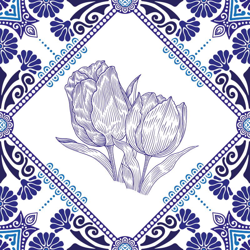 Delft blue tulips kitchen vinyl rug - TenStickers