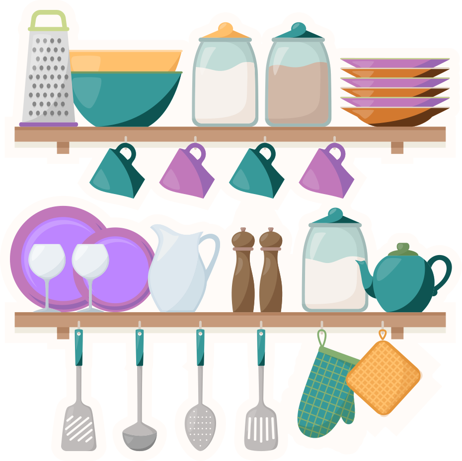 Kitchen vinyl rug with cooking tool shelves - TenStickers