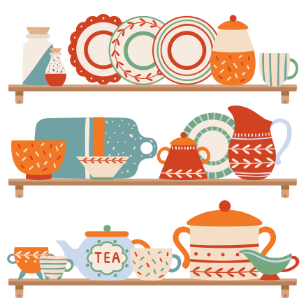 Kitchen vinyl rug kitchen tableware on shelf - TenStickers