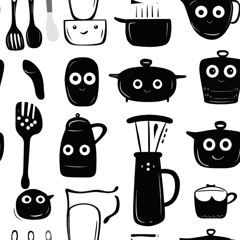 Kitchen vinyl rug with drawn black utensils - TenStickers
