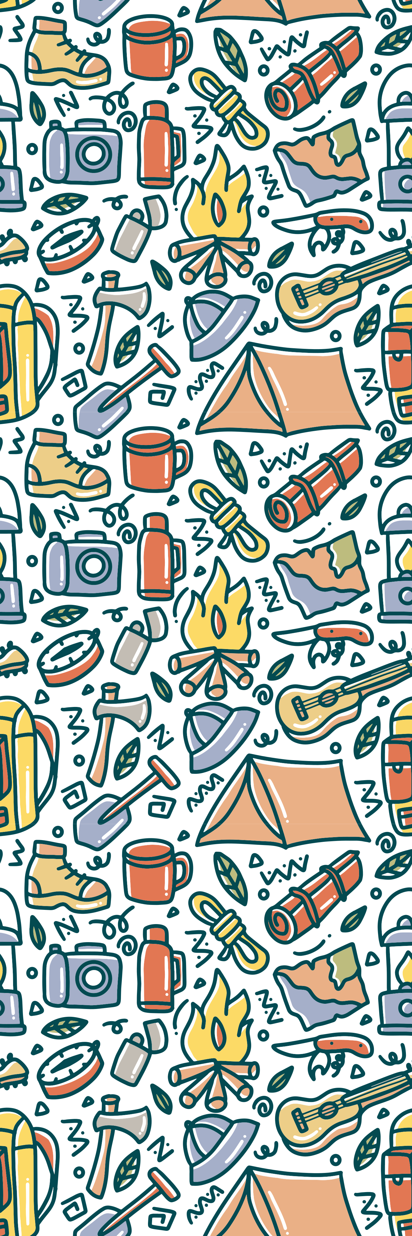 Bedroom vinyl rug with hand-drawn mountains and camping gear - TenStickers