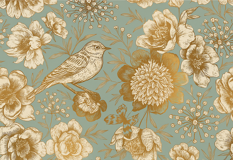 Bedroom vinyl rug with grey background and gold flowers - TenStickers