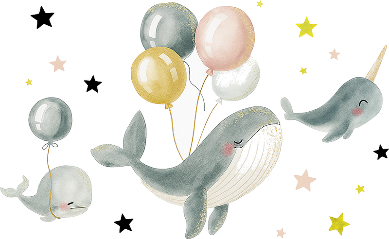 Happy whales with balloons bedroom vinyl rug - TenStickers