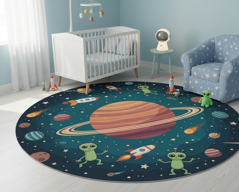 Bedroom vinyl rug with round illustration of funny aliens - TenStickers