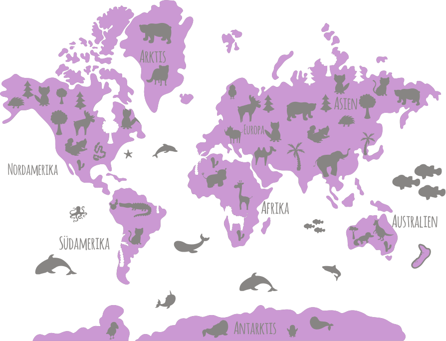 World map vinyl rug pink and grey animal design - TenStickers