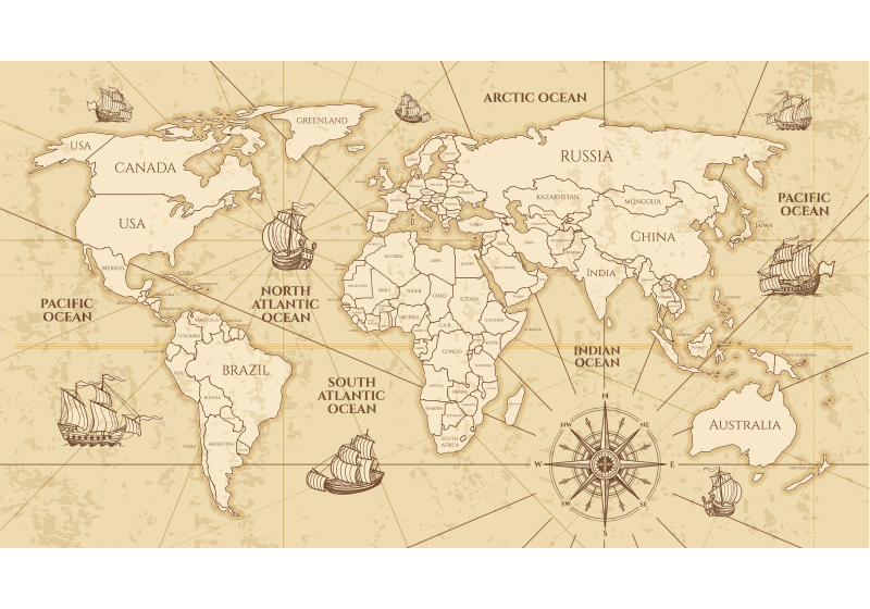 World map vinyl rug retro world map sepia design - TenStickers