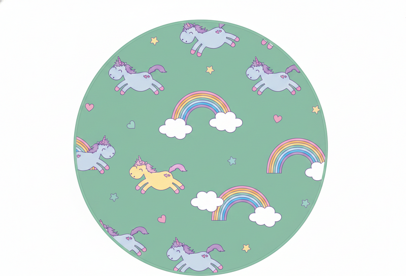 Kids vinyl rug with teal unicorns and rainbows - TenStickers